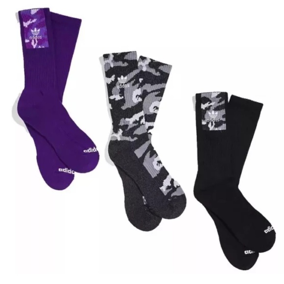 Adidas Crew Socks 3 Pair Men's 6-12 Black Gray Purple Camo w Logo & Trefoil NEW! - Picture 4 of 12